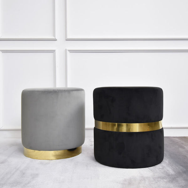 Lancelot Round Footstool in Grey, and Mercier Round Dresser Stool in Black.