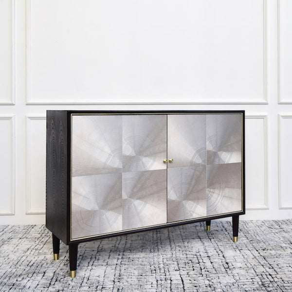 Side view of the slim Lauren Cabinet. Gold door knob handles and gold trim on legs.