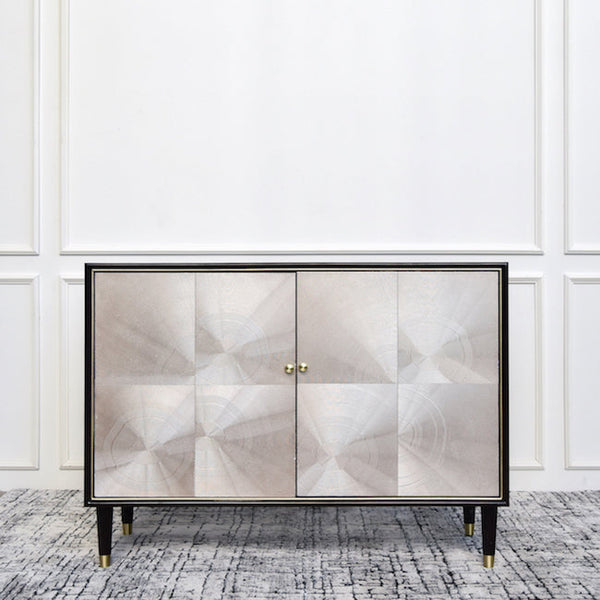 Elm veneer, metallic door panels, hand-painted gold trim in brushed strokes effects and distressed finish for a vivid vintage appearance.