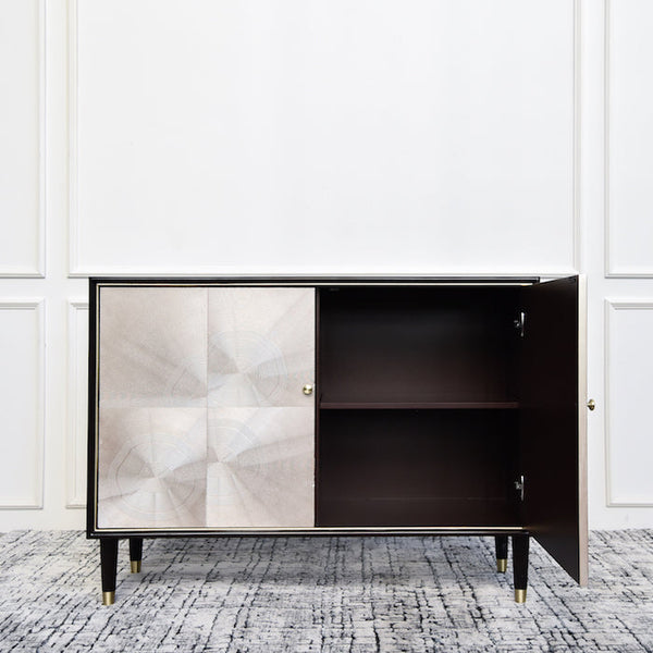  Pull to open door, vintage handle with soft closing mechanism, ample storage space with two inner shelvings. 