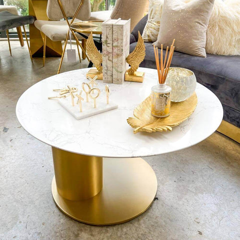 LeNouvel Marble Gold Coffee Table, Cultured marble table top in white Carrara design, Stainless steel plated in brushed gold.