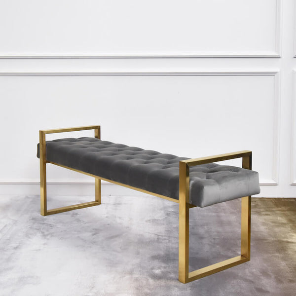 Lisse Gold Bench, Tufted Grey Velvet, Brushed stainless steel gold handles.