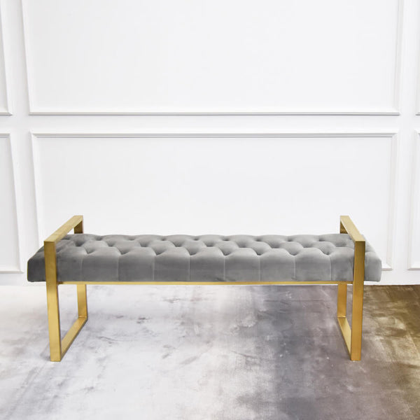 Hand tufted seats for a modern mid-century look, the contrasting grey and gold combination is perfect for neutral spaces.