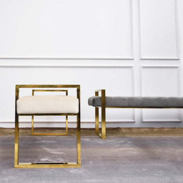 Polished and brushed Stainless steel metal frames, doubles up as a seat handle and leg base. Sleek and slim bench.