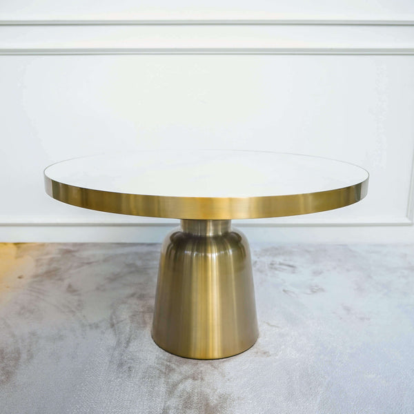 Louis Art Deco Coffee Table - White Marble Round Coffee Table with Gold Base on Pedestal.