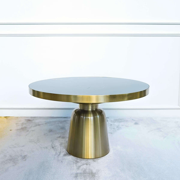 Side view of the Louis Marquina Coffee table, brushed gold frames. 