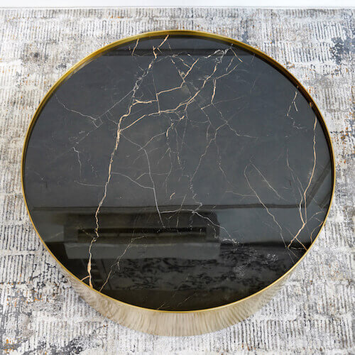 Top view of the Marc Coffee table, Black cultured marquina marble, with gold marble veins.