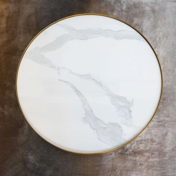 Top view of the Marc white cultured Carrara marble coffee table, with grey natural looking veins.