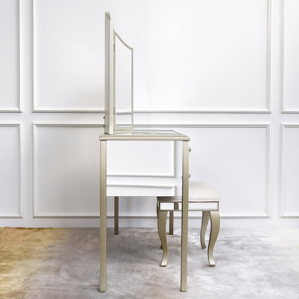 Side view of the mirrored Marcella Slim Vanity Dresser Set.