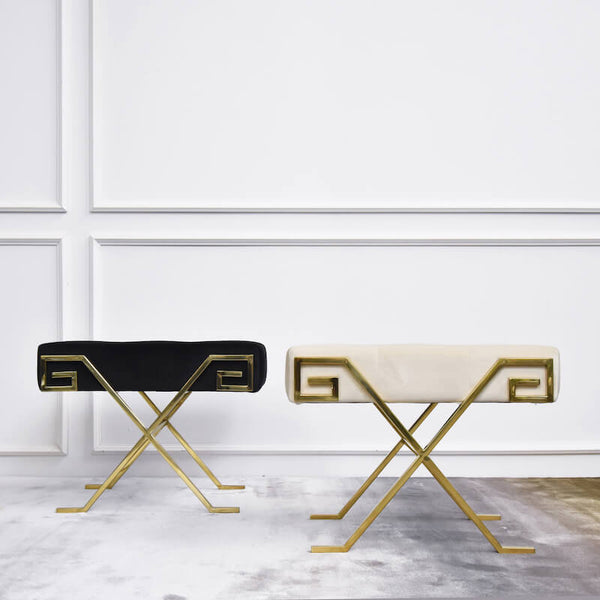 Greek Key Gold Stools with Polished gold stainless steel slim legs.