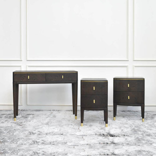 Odette Table Collection display: A grouping of the Odette Bedside Table, Large along with the Console Table, and Tiny Bedside Table, showcasing the integrated look of the modern luxury design of the collection.