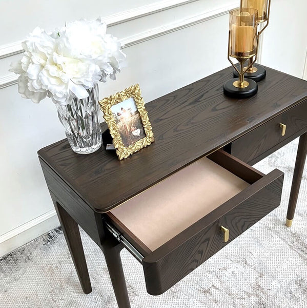 Drawers open: One of the two felt-lined drawers pulled out, demonstrating the luxurious interior designed for jewelry protection and easy access.