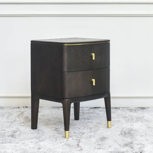 Close-up of the legs: Detailed view of the solid hardwood legs with gold-plated stainless steel tips, emphasizing the luxurious craftsmanship of the Odette Bedside Table.