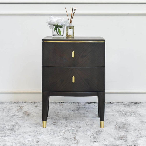 Side Table styled with decor: The Odette Bedside Table adorned with decorative items, illustrating its function as a statement piece in modern and vintage decor.