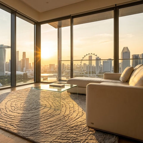 A sunlit Singapore skyline apartment living room featuring the Parksuites Neutral Rug, showcasing sophisticated contemporary home decor from Finn Avenue Furniture Store in Singapore.