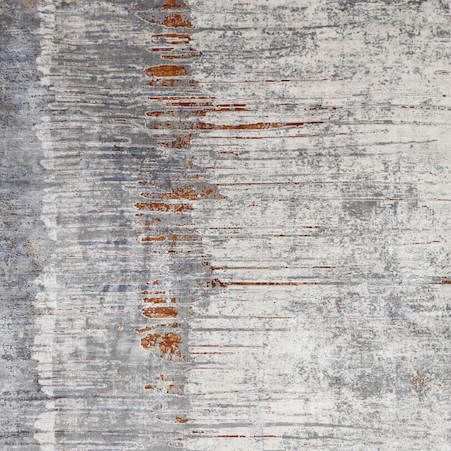An Abstract Art Rug in Grey with hints of Brick Red revealing an artistic foundation.