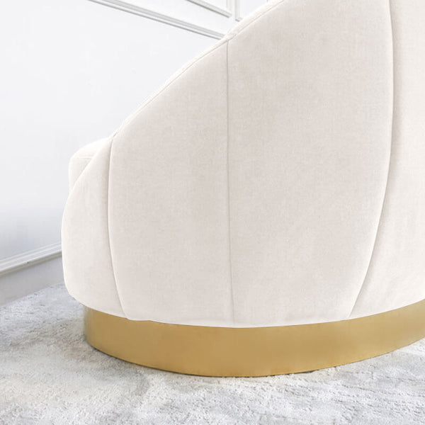 Close up look of the Primrose Curved sofa, lined details on backrest creates a smooth silhouette. Brushed stainless steel gold base for a luxurious and glamorous look.