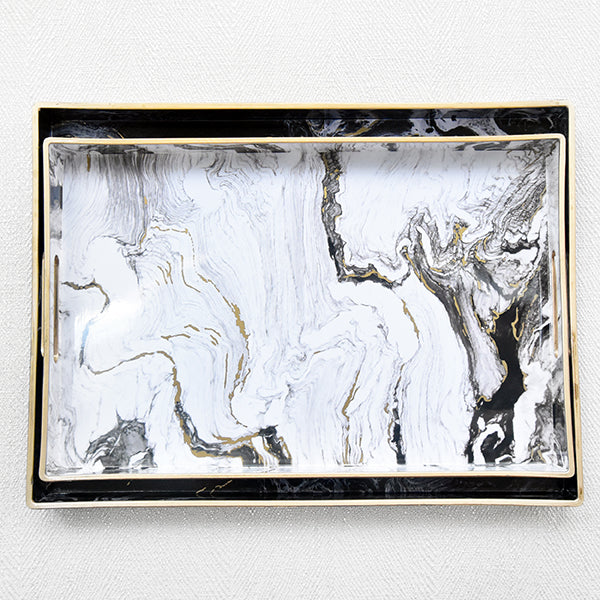 Rectangular Trays in gold trimming, that are beautifully stackable in gold trimming, that are beautifully stackable.