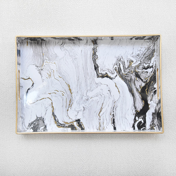 Rectangular tray, white marbling designs, with gold details and specks.