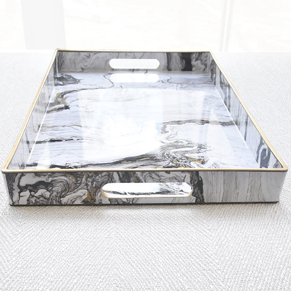 Rectangular tray, white marbling designs, with gold details and specks.
