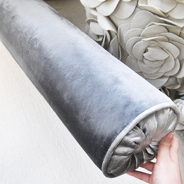 Polyester filling, high shine grey velvet.