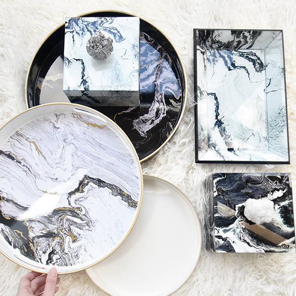 Home & Decor Marbled Trinket Boxes and Trays in Black and White Designs are displayed at Finn Avenue Furniture & Home Accessories Online Store & Showroom in Singapore.