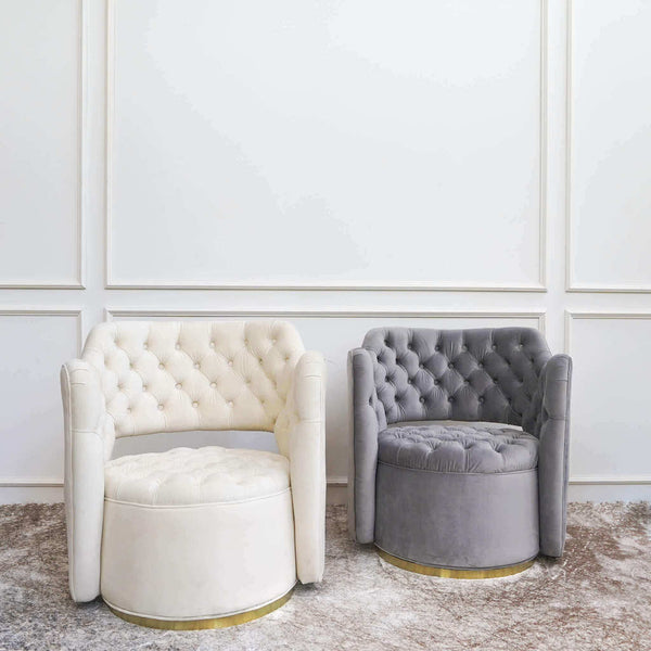 Raphael Luxury Swivel Armchair Collection by Finn Avenue Home, available in Ivory and Grey Velvet.
