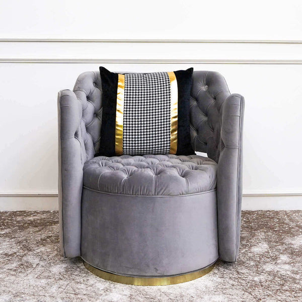 Mid century Grey Swivel Accent Chair in Tufted Grey Velvet on Gold Base, add a Black and Gold cushion for a bold look.