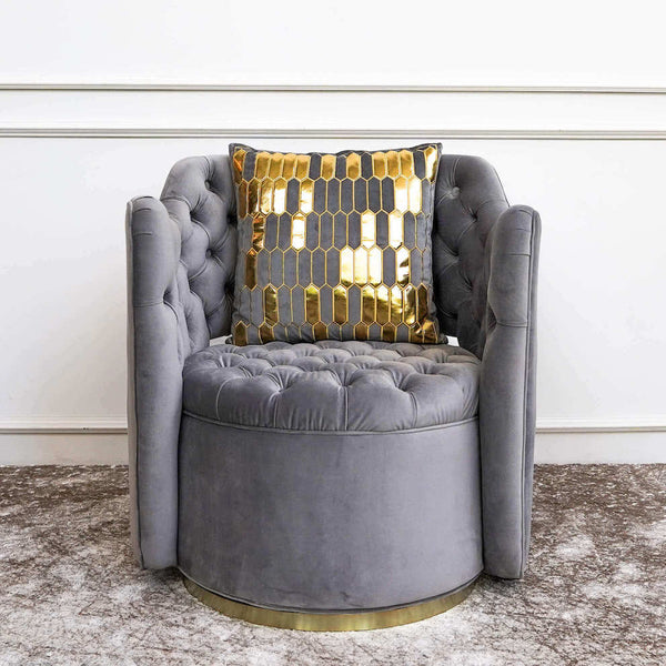 Modern Art Deco Armchair in Gold Grey with Gold Cushion on Neutral Palette Rug.