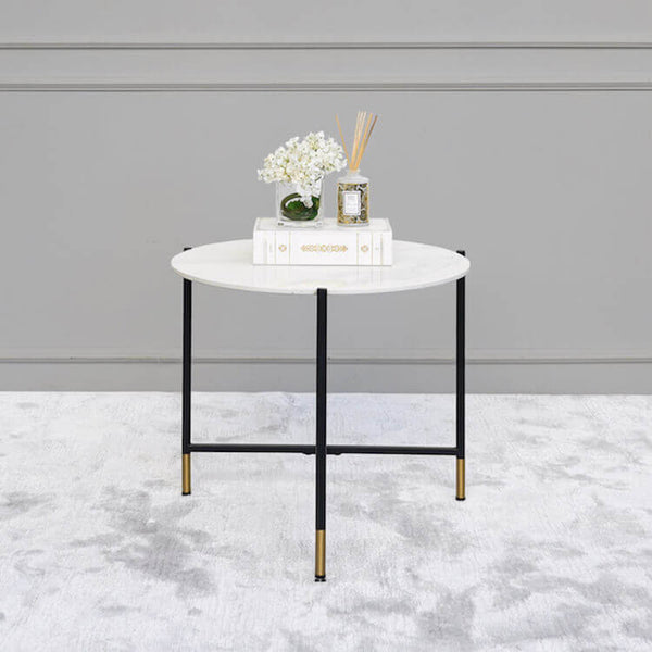 Rococo Faux White Marble Coffee Tables Round Small, side table with decor.