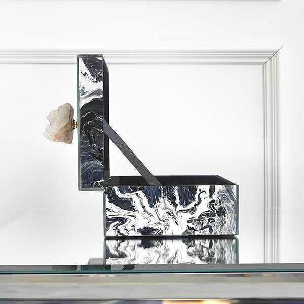 Jewelry Box - Black Marbled Glass with Natural Stone in White.