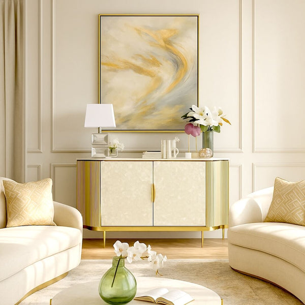 Perla Curved Champagne Wood 2-Door Cabinet - Mother-of-Pearl & Gold