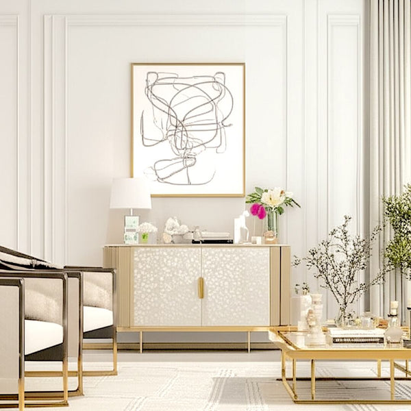 Perla Curved Champagne Wood 2-Door Cabinet - Mother-of-Pearl & Gold