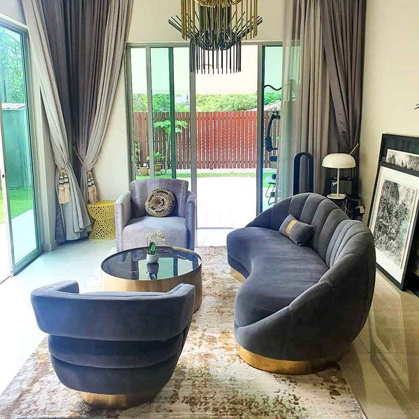 Luxury living in Singapore's landed home features affordable high-end living room furniture, namely Clyde Armchair, Kelly Swivel Armchair, and modern Marc Marble Round Coffee Tables for a sophisticated grey-themed contemporary space. 