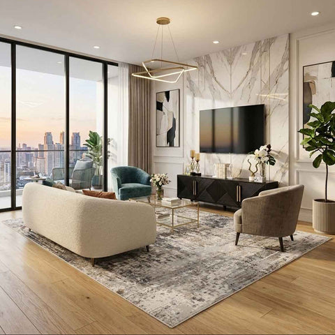 A luxurious living room featuring the Baptiste Art Rug and decor, showcasing sophisticated design from Finn Avenue Furniture Store in Singapore.