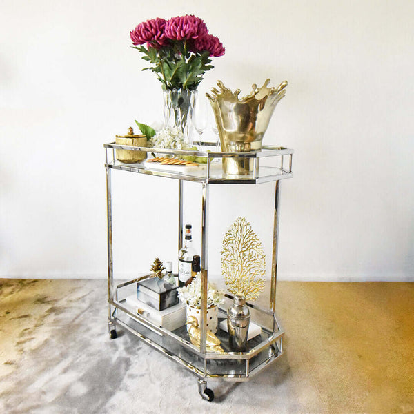 Taylor silver bar cart with regal purple Chrysanthemum Flower decor.