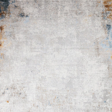 Modern vintage design, The Avenir Luxury Rug features distressed paint-like style in shades of Beige, Brick, Blue and Light grey, layered over an Ivory background.