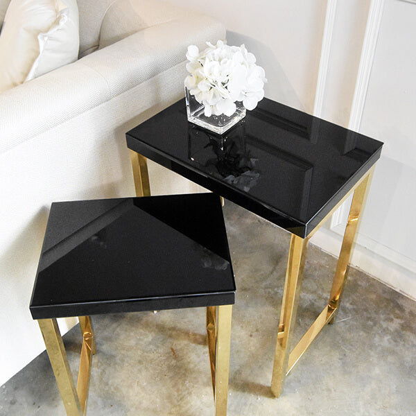 Black nesting side tables, place them together or separately, make this a versatile moveable piece to update your living room from time to time.