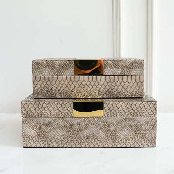 Taupe Leather trinket boxes in set of 2, Polish gold details in the middle band of the lid.