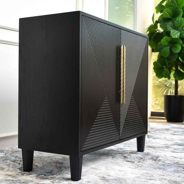Close up look of the Uno sideboard in an angled position, Ebony oak wood veneer details on side panel and solid black wood legs. 