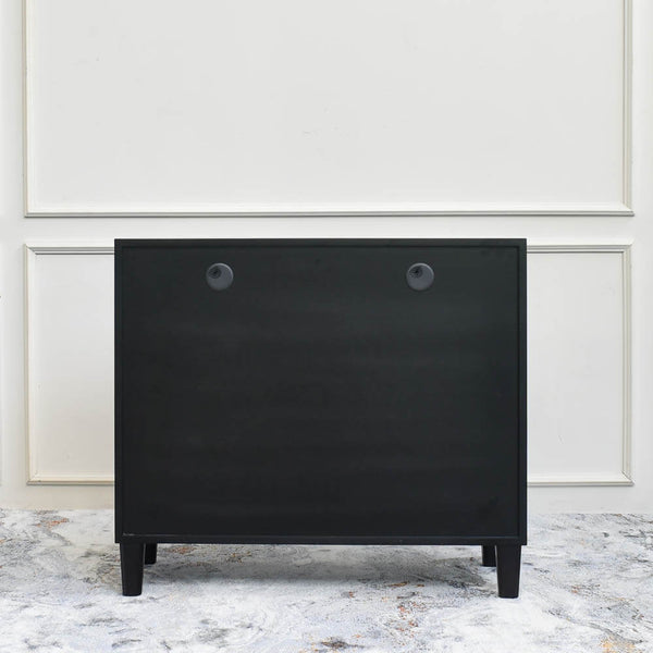Back view of the Uno 2 door console, Solid wood black legs.