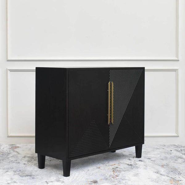 Angled side view of the Uno 2 door console cabinet, striking hand carved door panels, creates a sophisticated geometric look. 