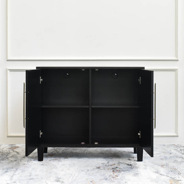 Opened doors of the Uno cabinet, 2 grommet holes, one on each side of the door, manage your cables and wires easily with this function.