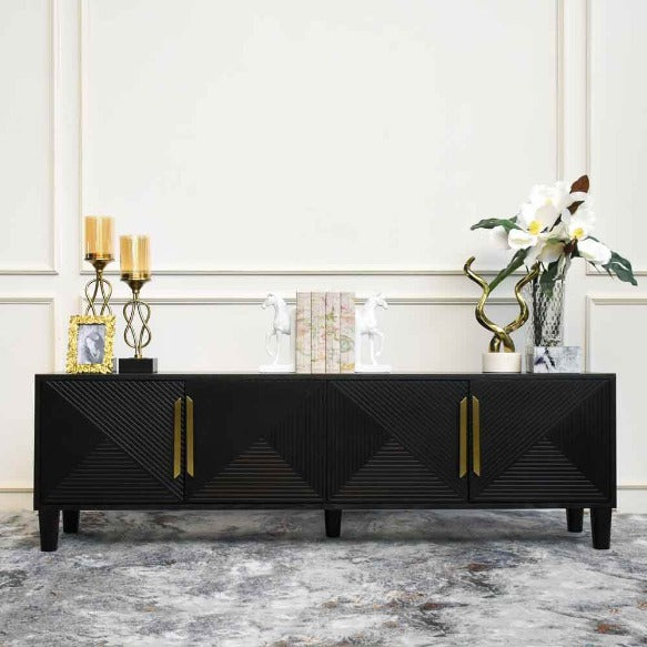 Crafted in deep Ebony Oak Veneer, this sideboard is adorned with Brushed Brass-finish stainless steel handles, adding a touch of sophistication to its design.