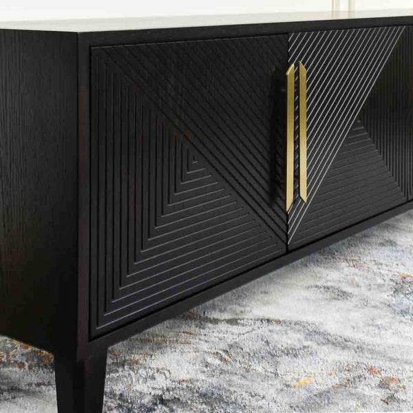 Angled close up view of the door panels on the Uno cabinet, beautiful dark Ebony Oak veneer details on panels and side.