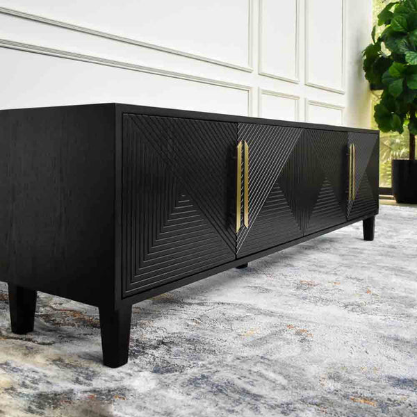 Angled full view of the Uno sideboard with door panels and leg details. 