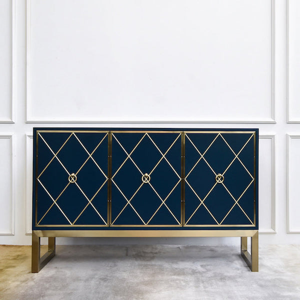 Valentino 3 Door Cabinet Blue Gold, Designed with a diamond filigree pattern in exquisitely hand-crafted gold stainless steel finish.