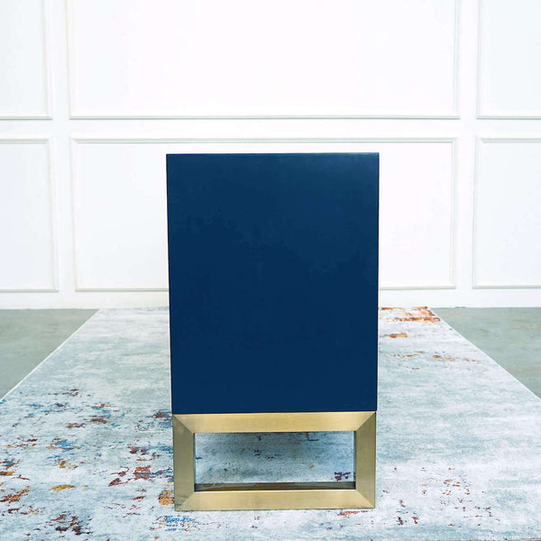 Slim side view of the Valentino sideboard, gold rectangle brushed feet.