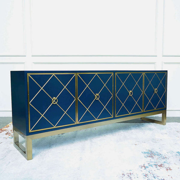 Valentino Blue Gold Sideboard Cabinet with Geometric Diamond Patterns in Gold.