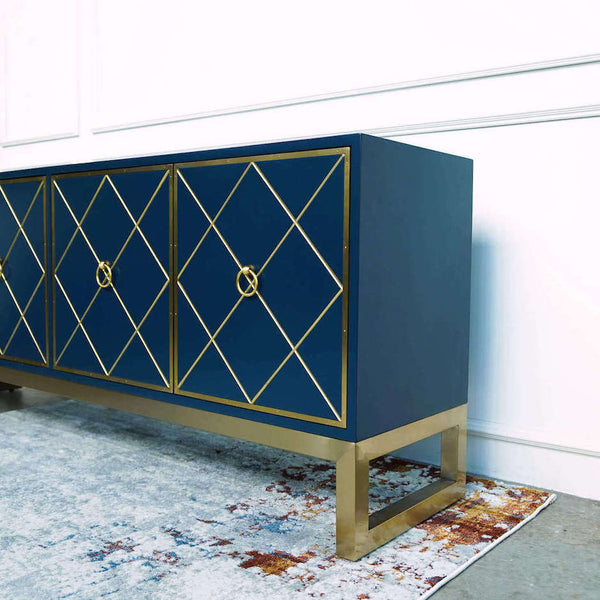 Angled look of the Gold Geometric Patterns on Blue Gold Sideboard Console Table.